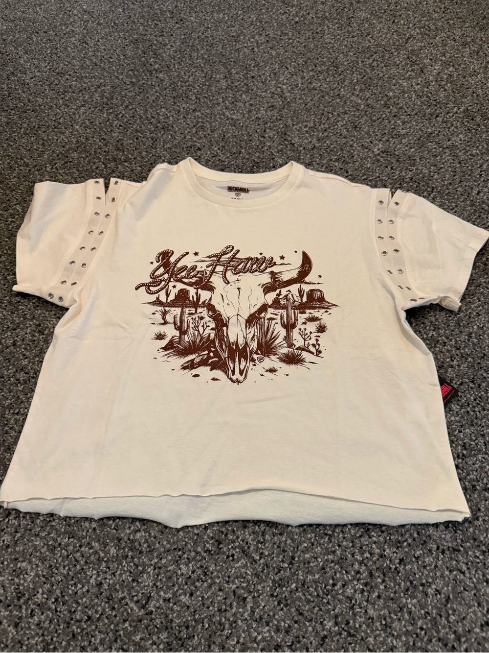 Rock & Roll Cowgirl White Tee with Brown Western Skull Graphic